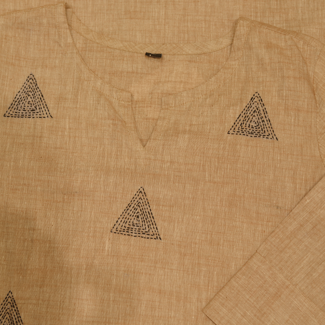 Cream Cotton Hand Embroidered Slim Fit Kurti