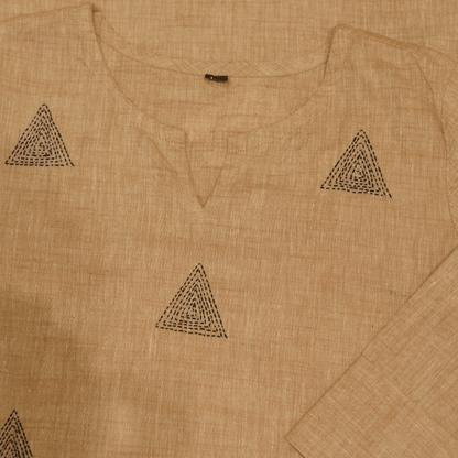 Cream Cotton Hand Embroidered Slim Fit Kurti