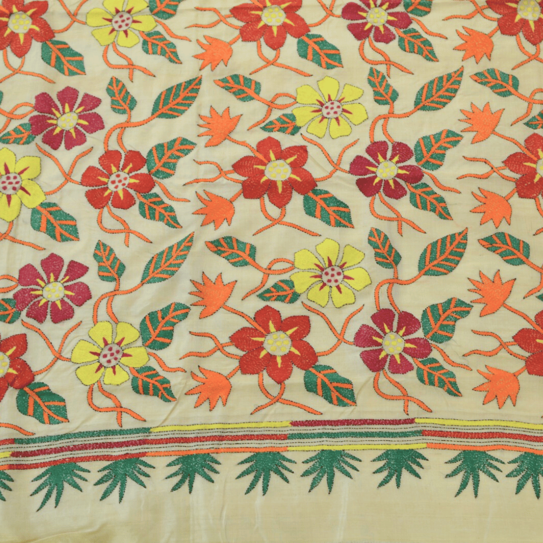 Pure Tussar Silk Flower Design Saree with Kantha Work