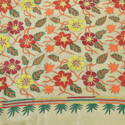 Pure Tussar Silk Flower Design Saree with Kantha Work