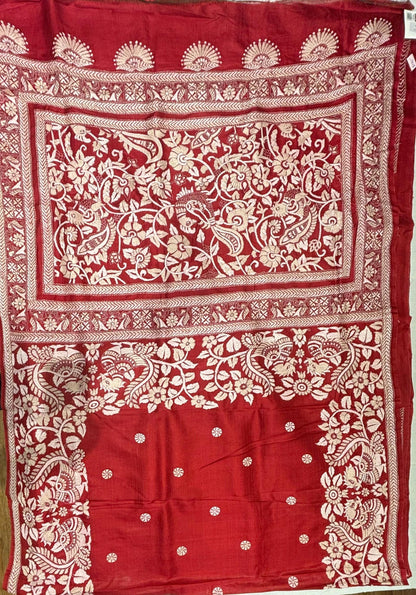Red &amp; White Floral Tussar Saree