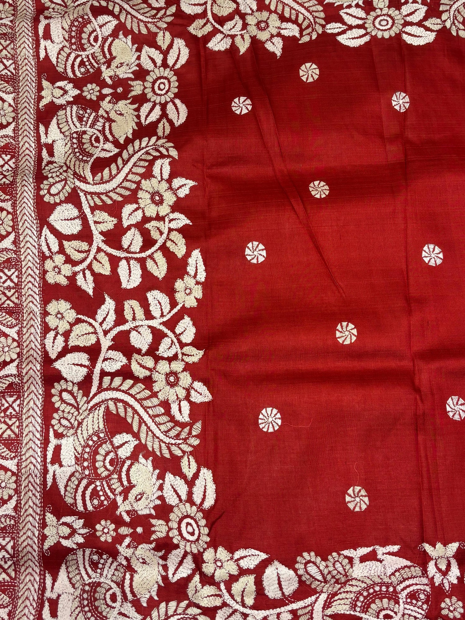 Red &amp; White Floral Tussar Saree