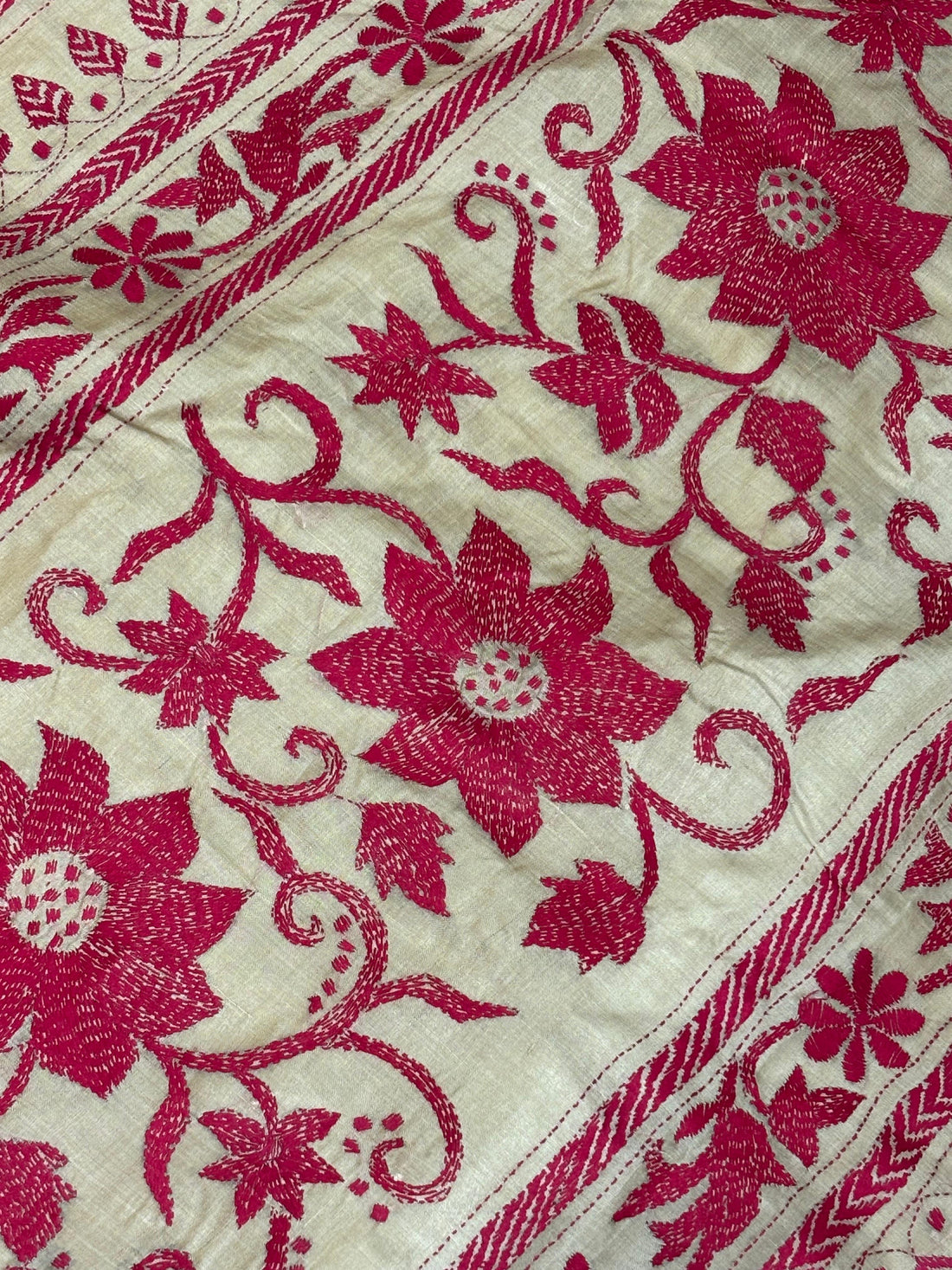 Dark Pink Floral Tussar Saree