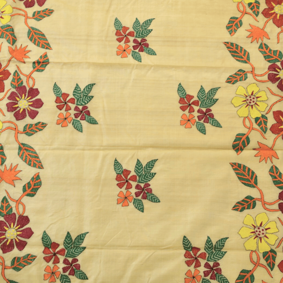 Pure Tussar Silk Flower Design Saree with Kantha Work
