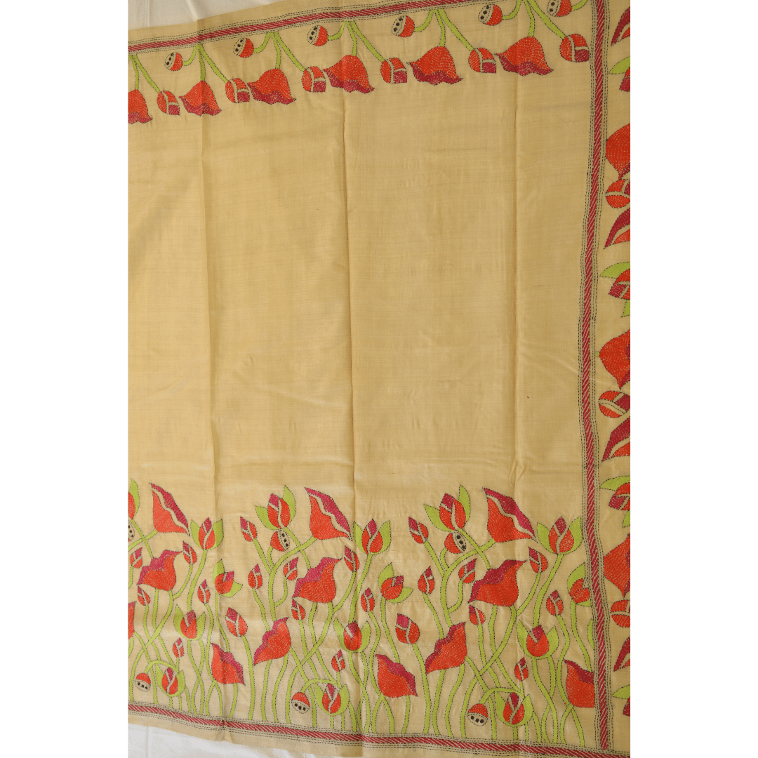 Pure Gachi Tussar Silk Flower Design Saree with Kantha Work