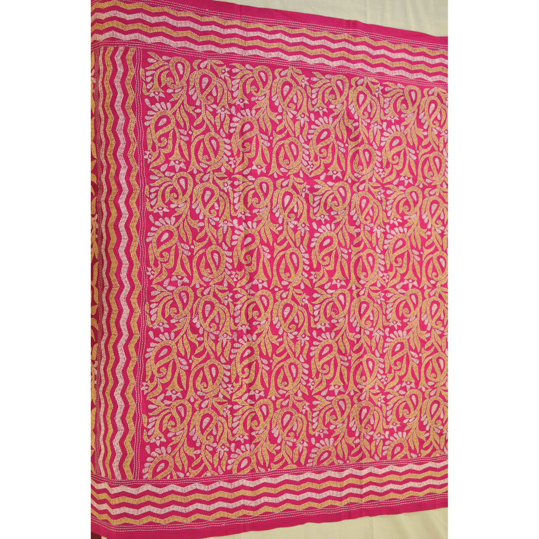 Pink Pure Silk Saree with Kantha Work