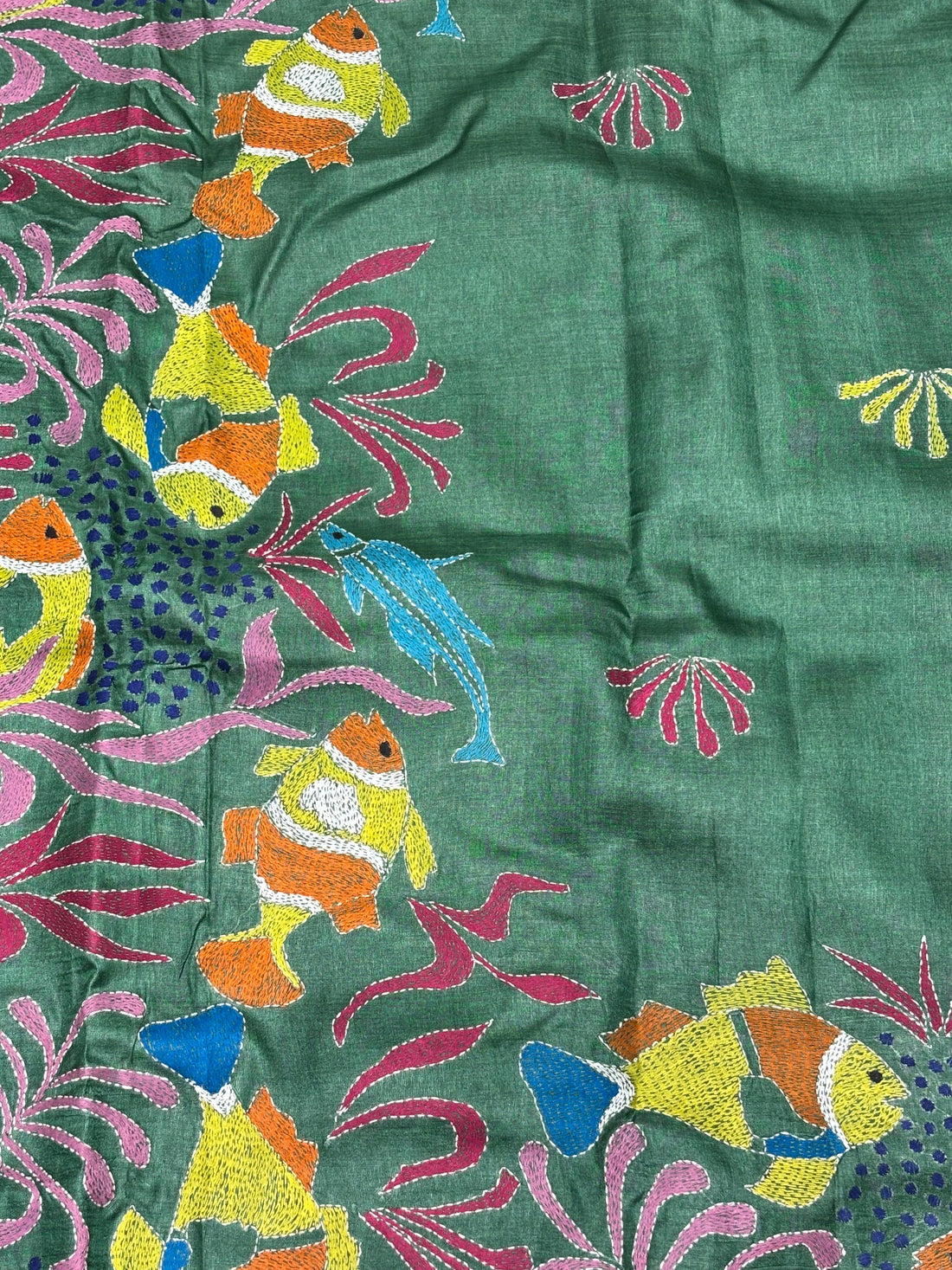 Green with Fish Motifs Tussar Saree