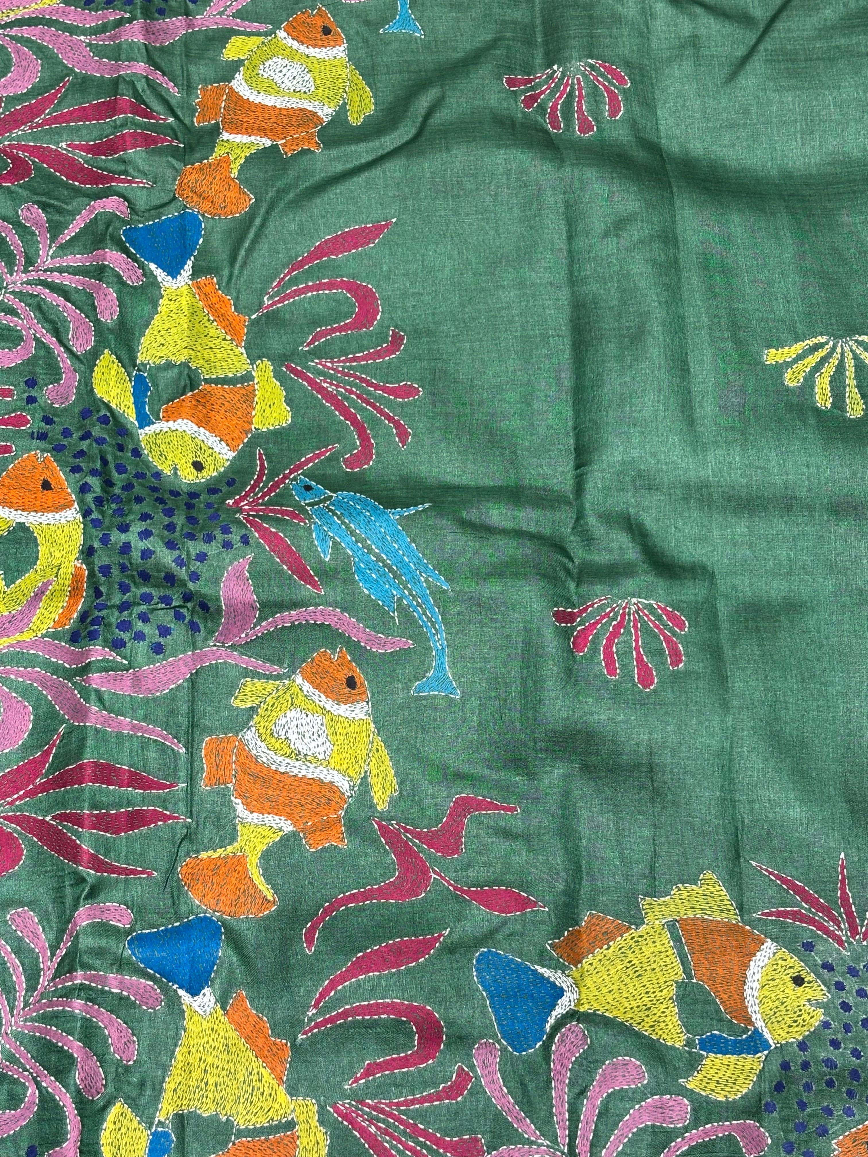 Green with Fish Motifs Tussar Saree