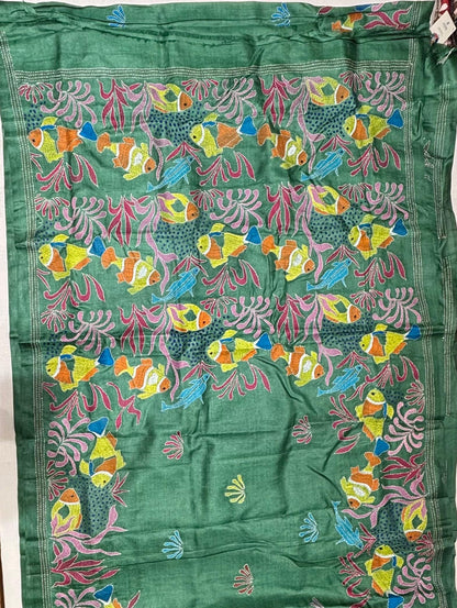 Green with Fish Motifs Tussar Saree