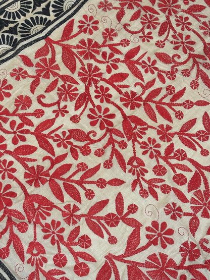 Red &amp; Black Floral Tussar Saree