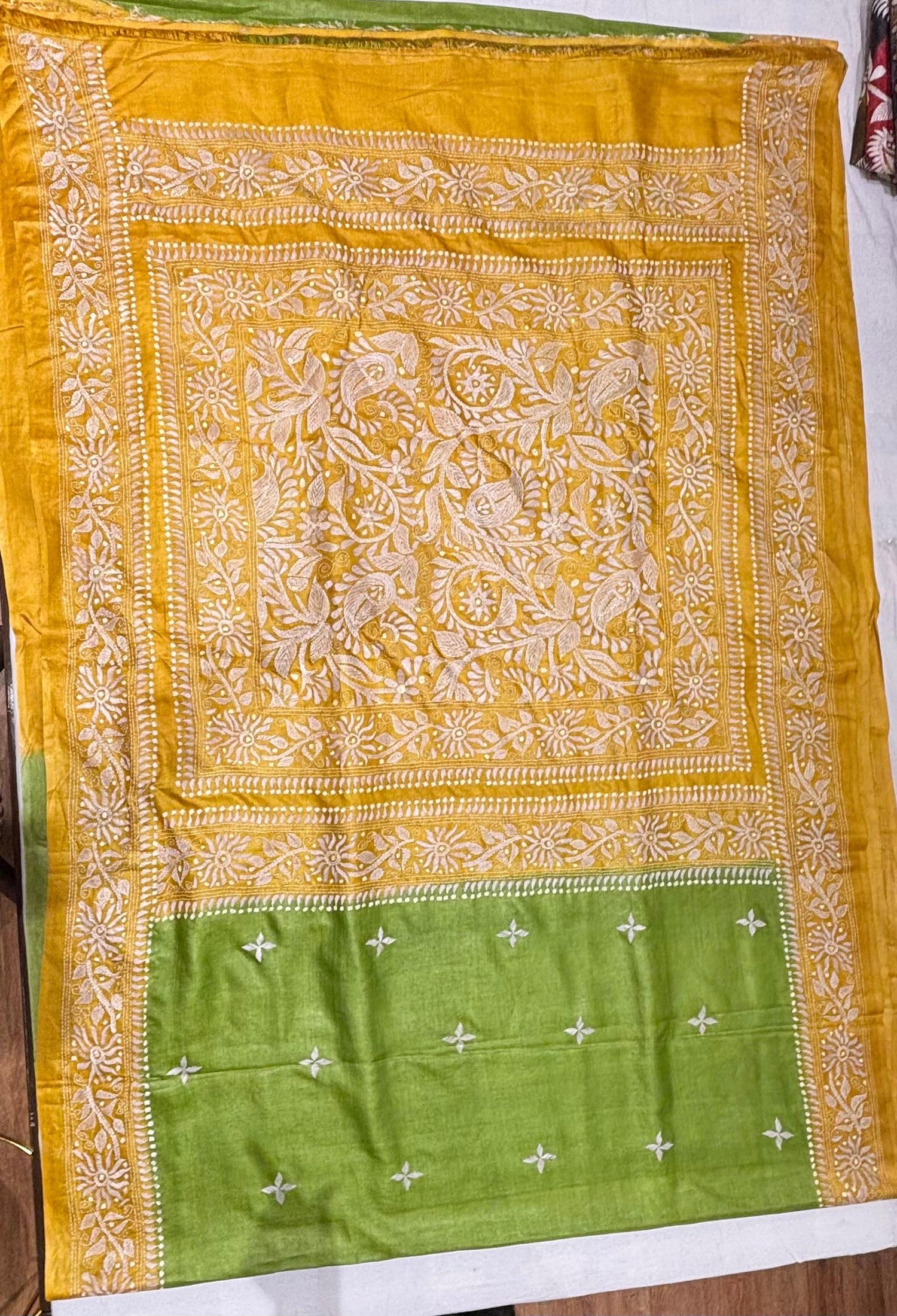 Green &amp; Yellow Dyed Tussar Saree