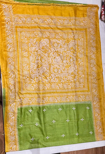 Green &amp; Yellow Dyed Tussar Saree