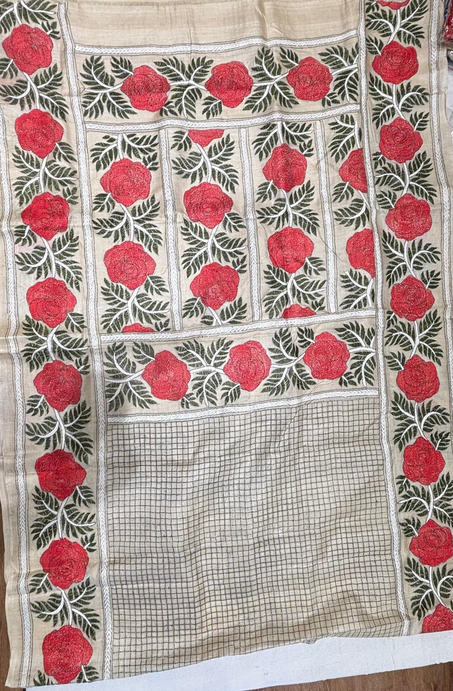 Rose with checks design Tussar Saree