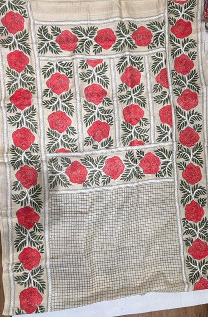 Rose with checks design Tussar Saree