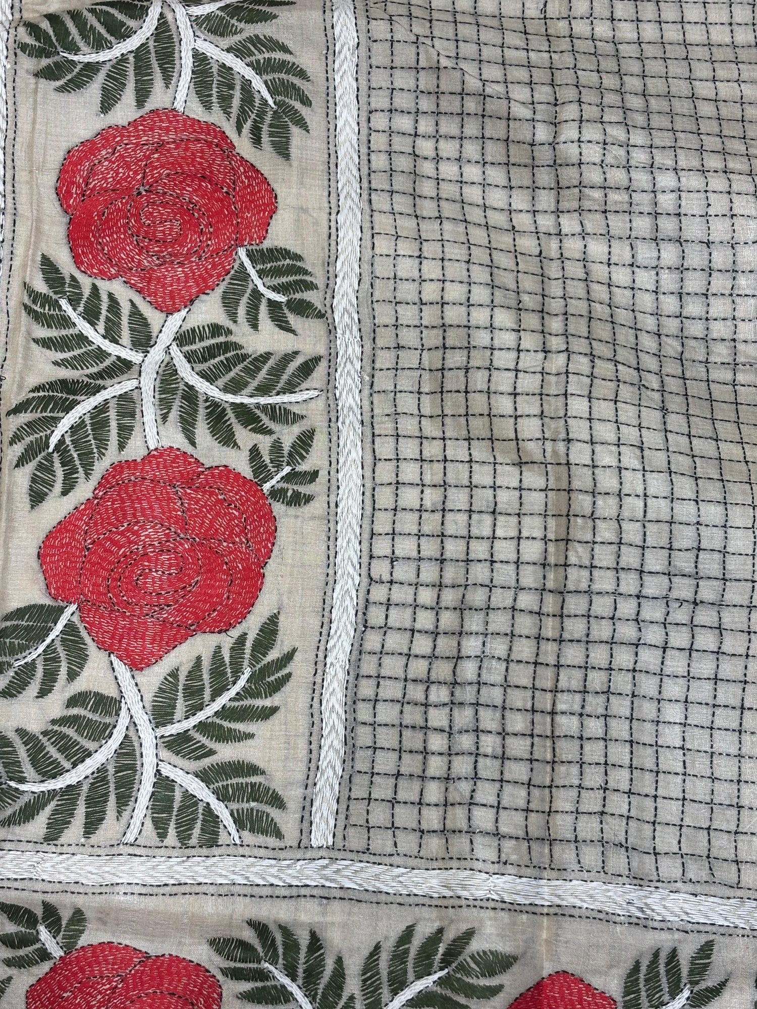 Rose with checks design Tussar Saree