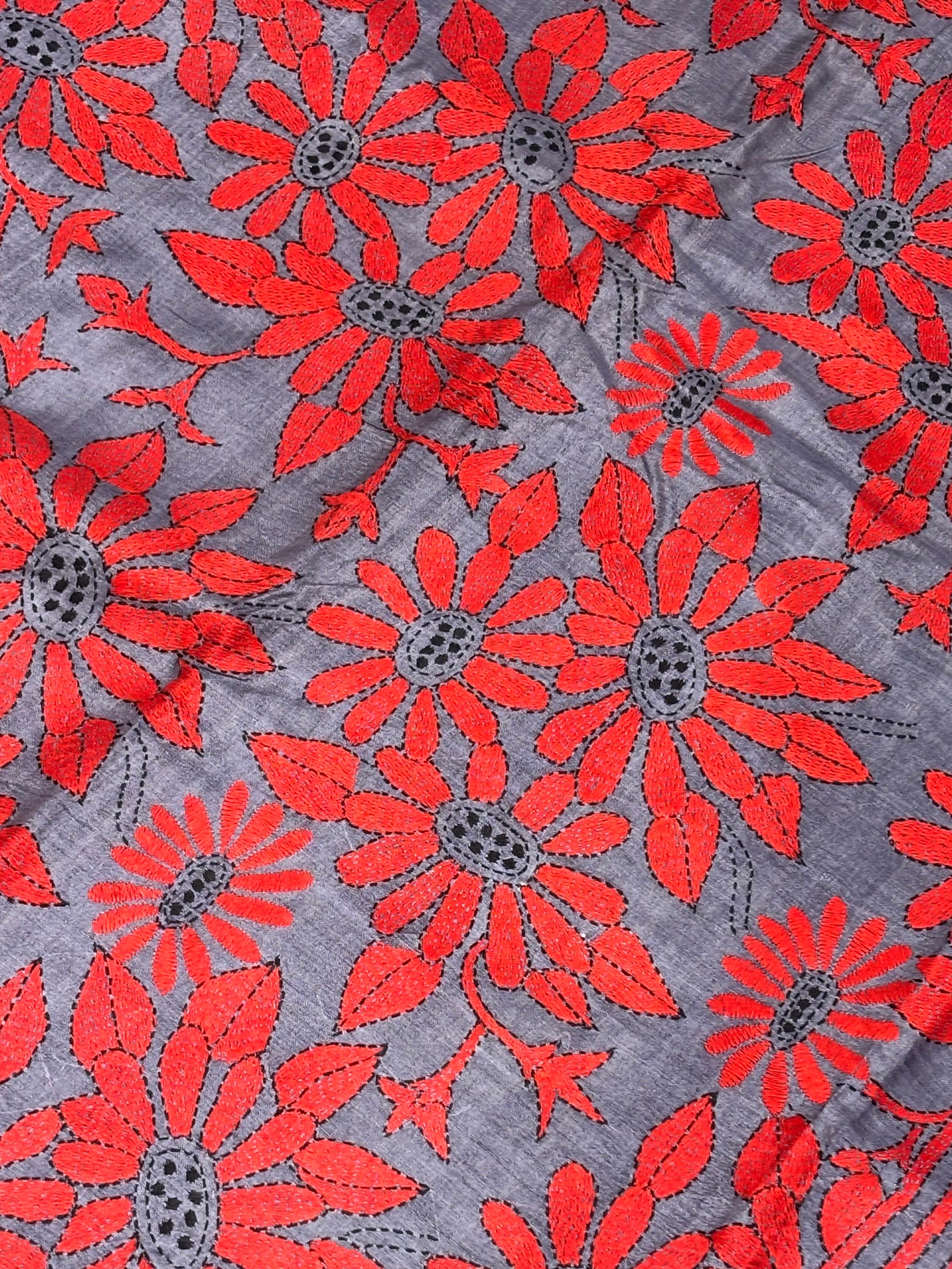 Red &amp; Gray Dyed Tussar Saree