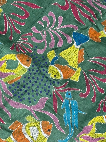 Green with Fish Motifs Tussar Saree