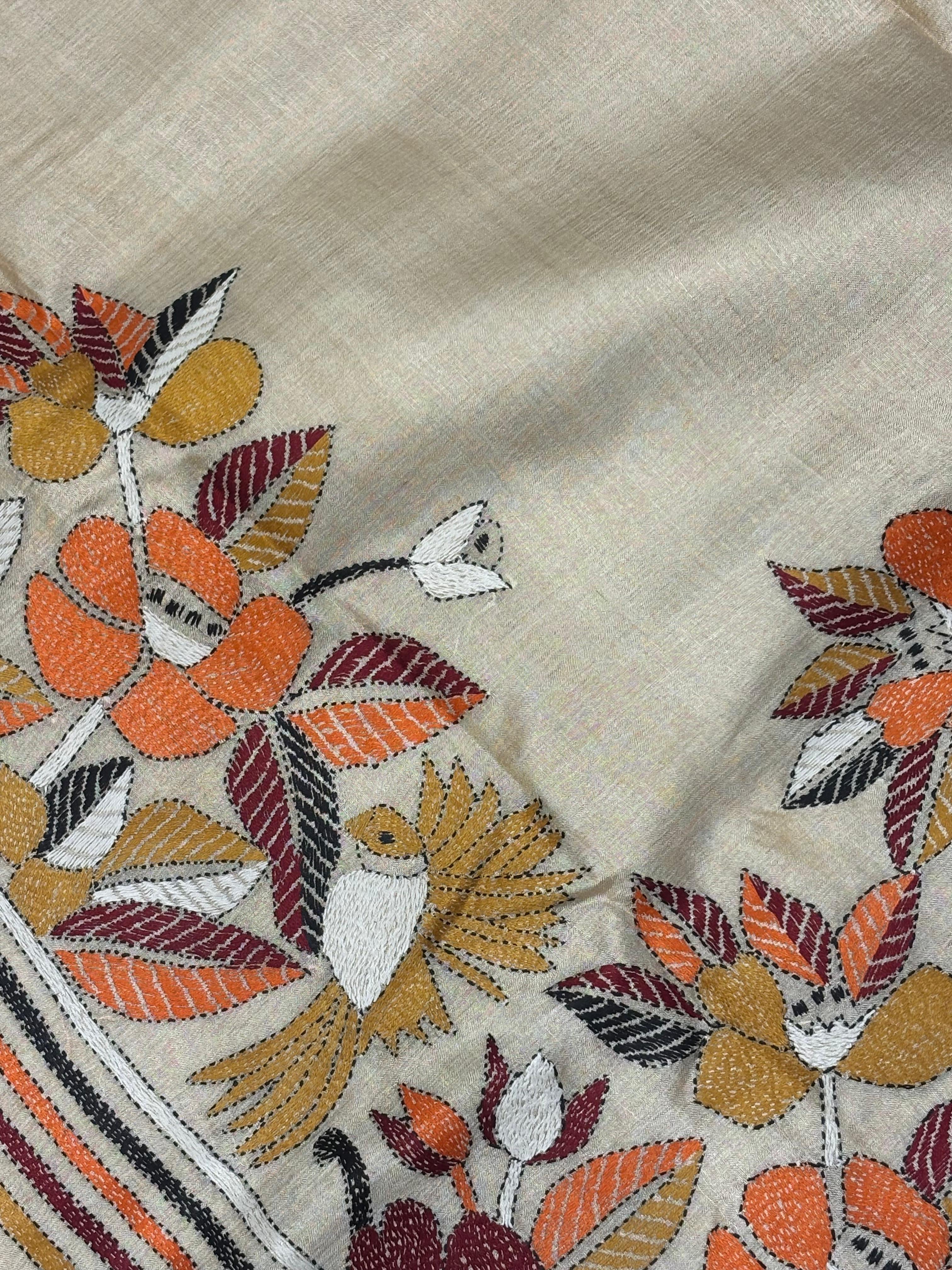 Floral with bird morifs Tussar Saree