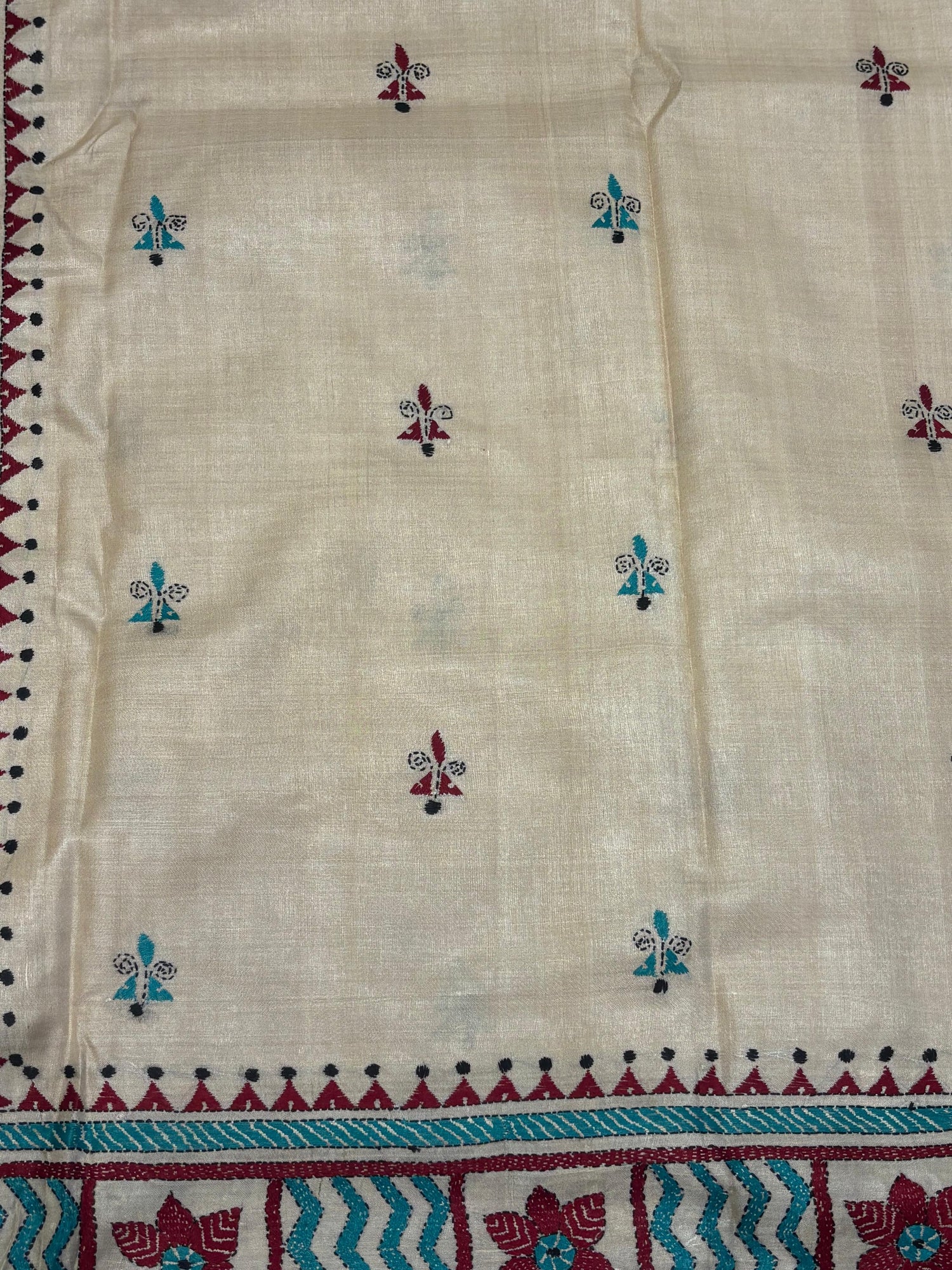 Blue &amp; Red Geometric Tussar Saree