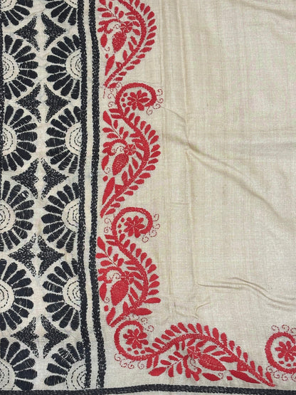 Red &amp; Black Floral Tussar Saree