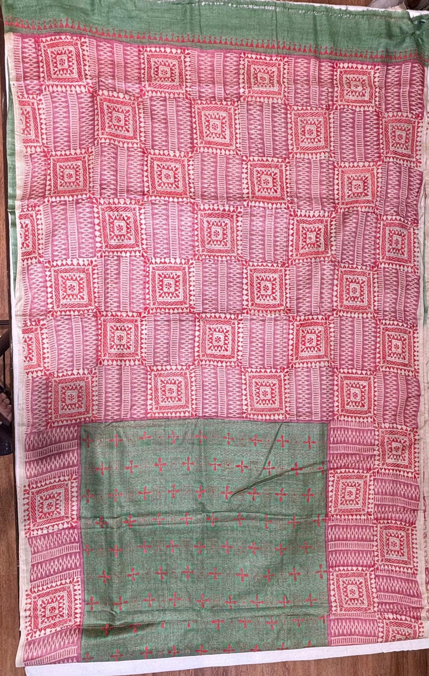 Pink &amp; Light Green Dyed Geometric Design  Tussar Saree