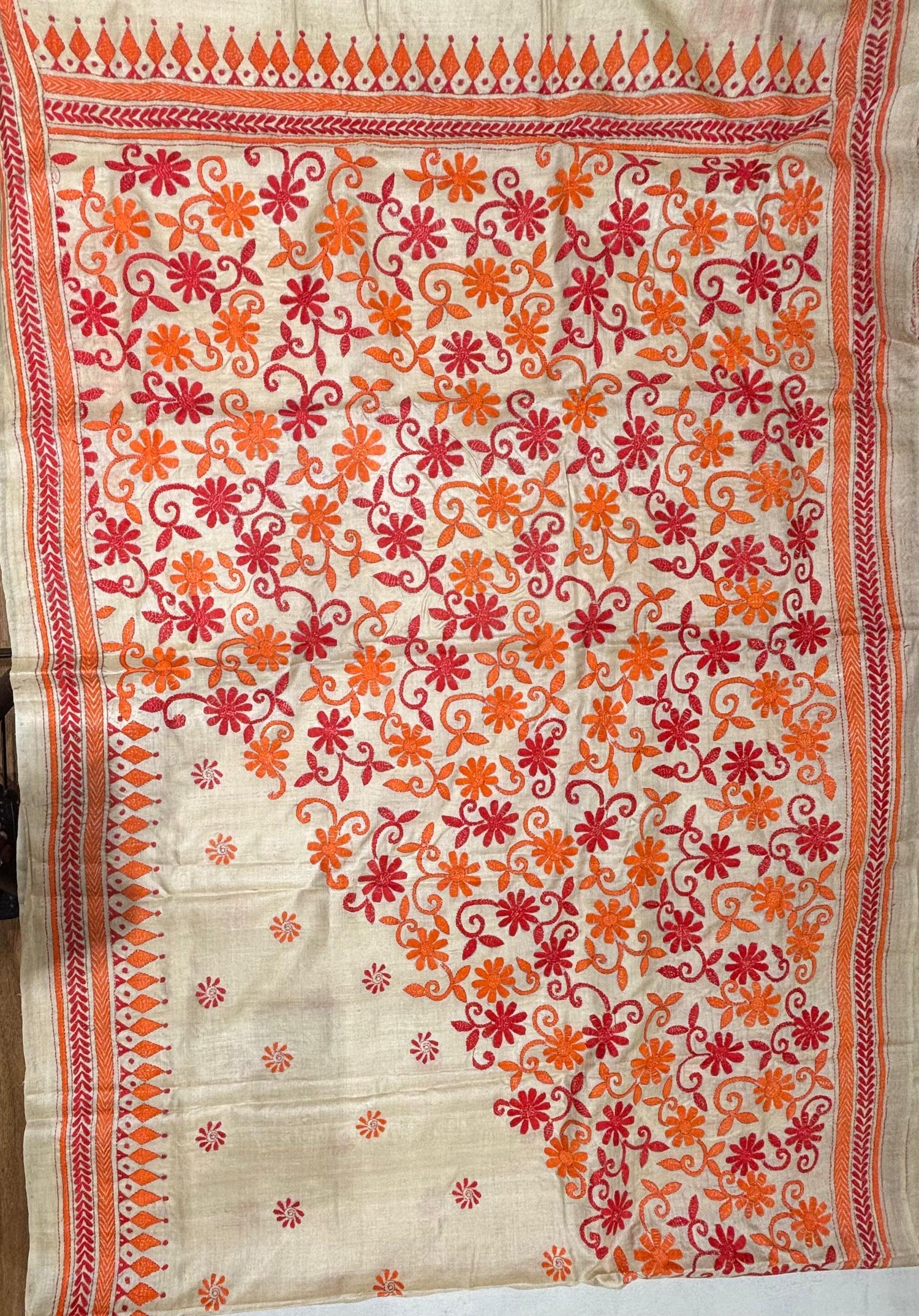 Orange &amp; Red Floral Tussar Saree