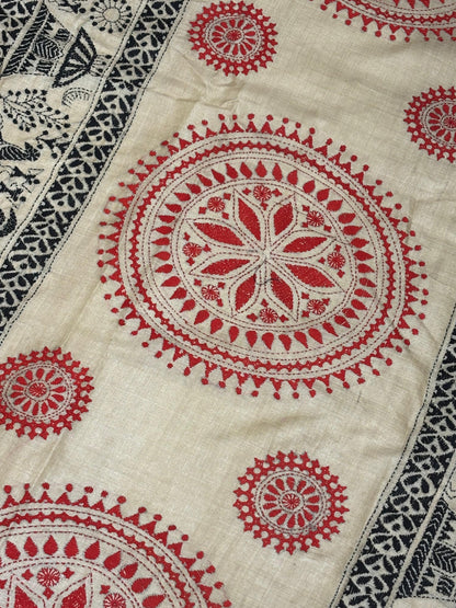 Red &amp; Black Worli design Tussar Saree