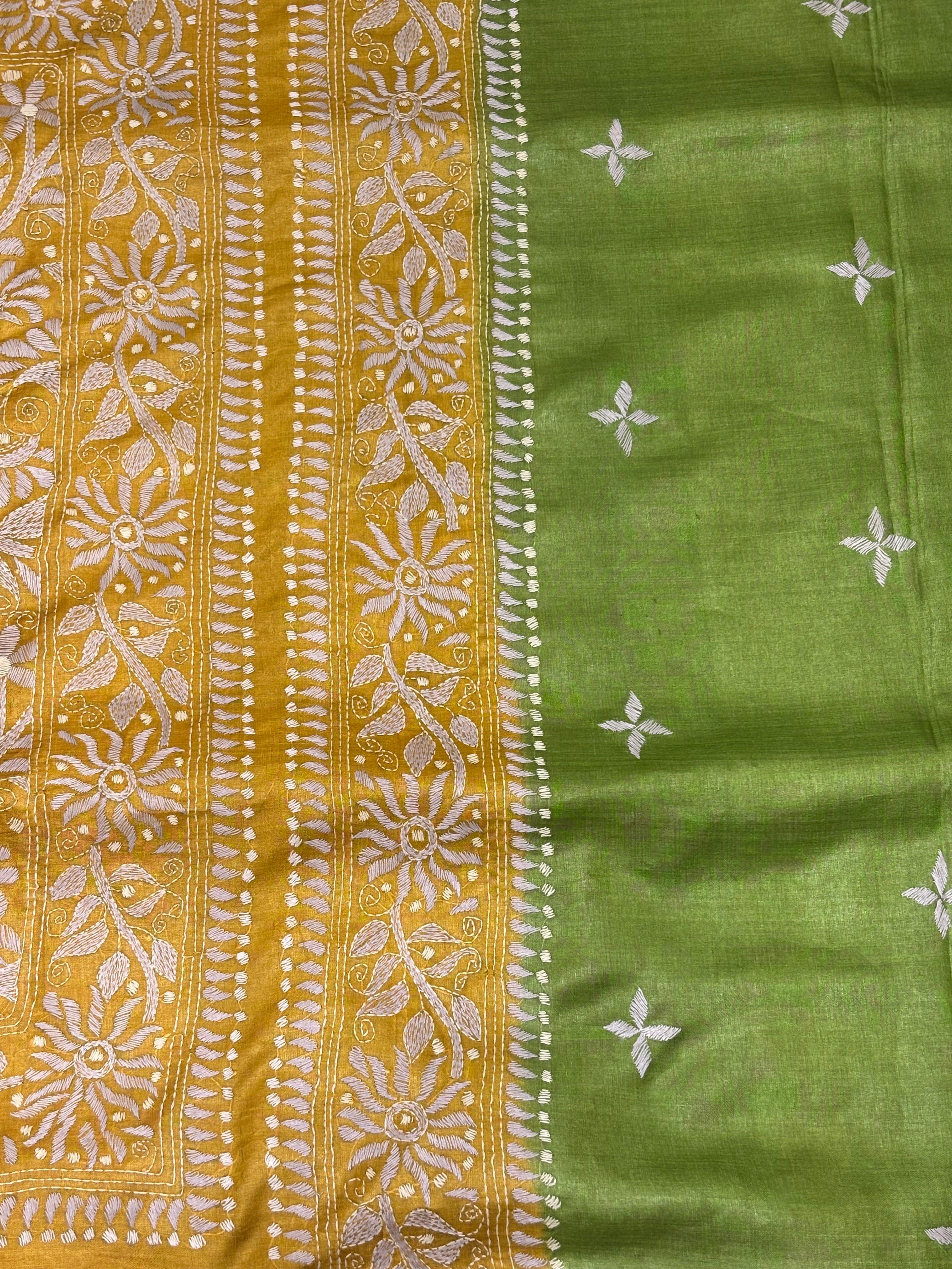 Green &amp; Yellow Dyed Tussar Saree