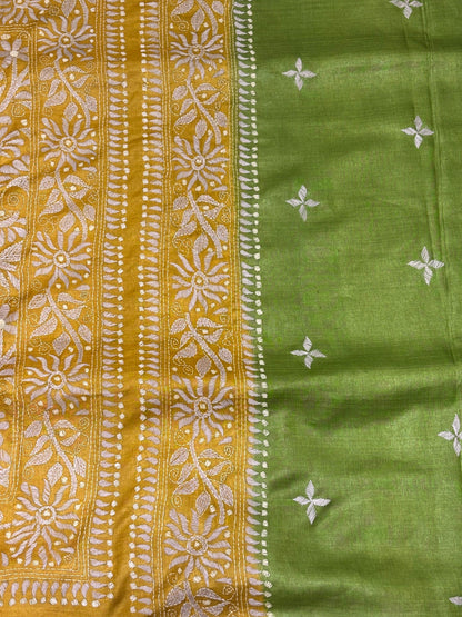 Green &amp; Yellow Dyed Tussar Saree