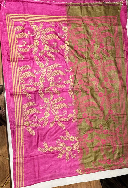Pink &amp; Light Green Dyed Floral Design  Tussar Saree