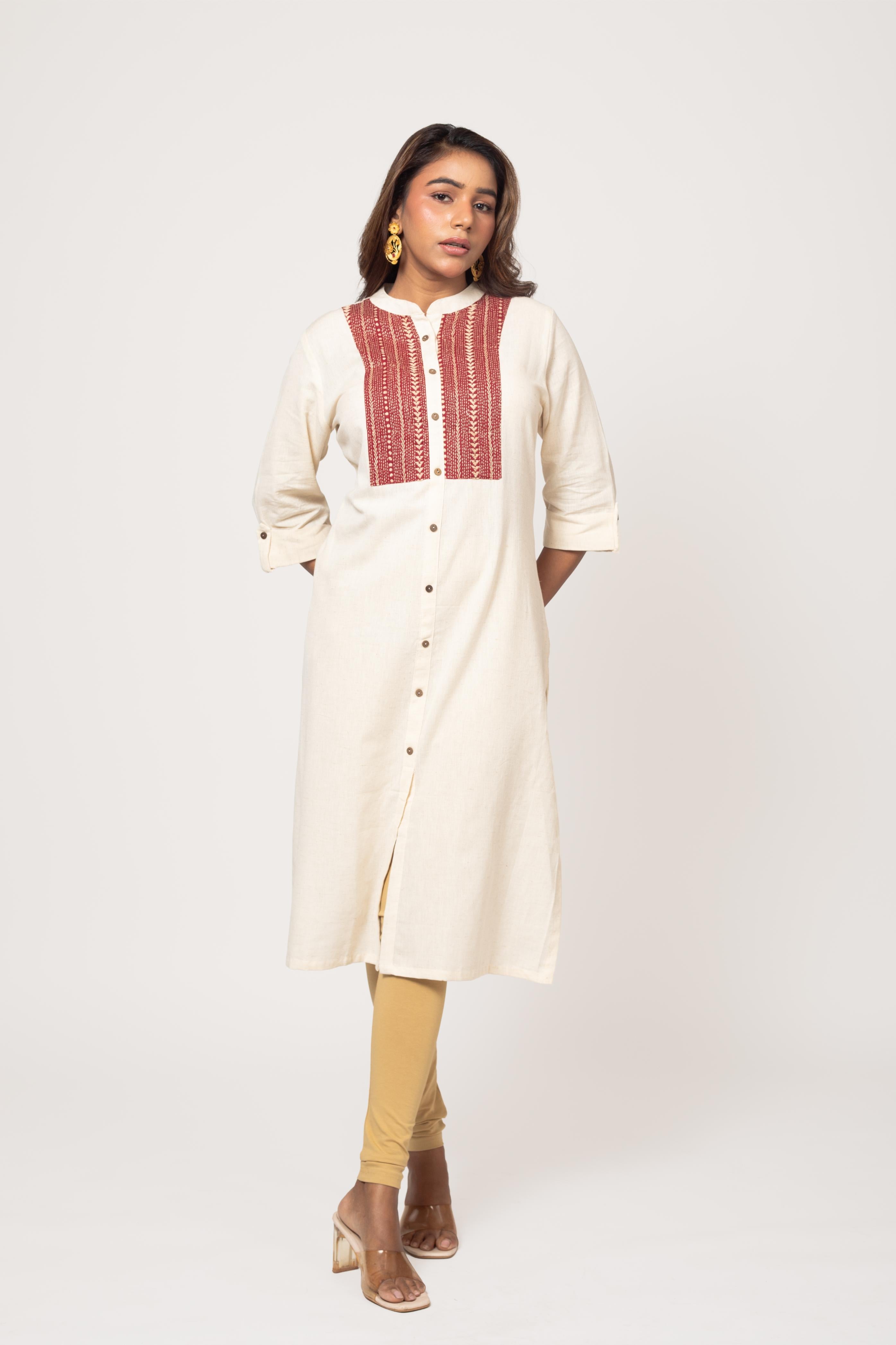 Red Cotton Hand Embroidered Slim Fit Kurti