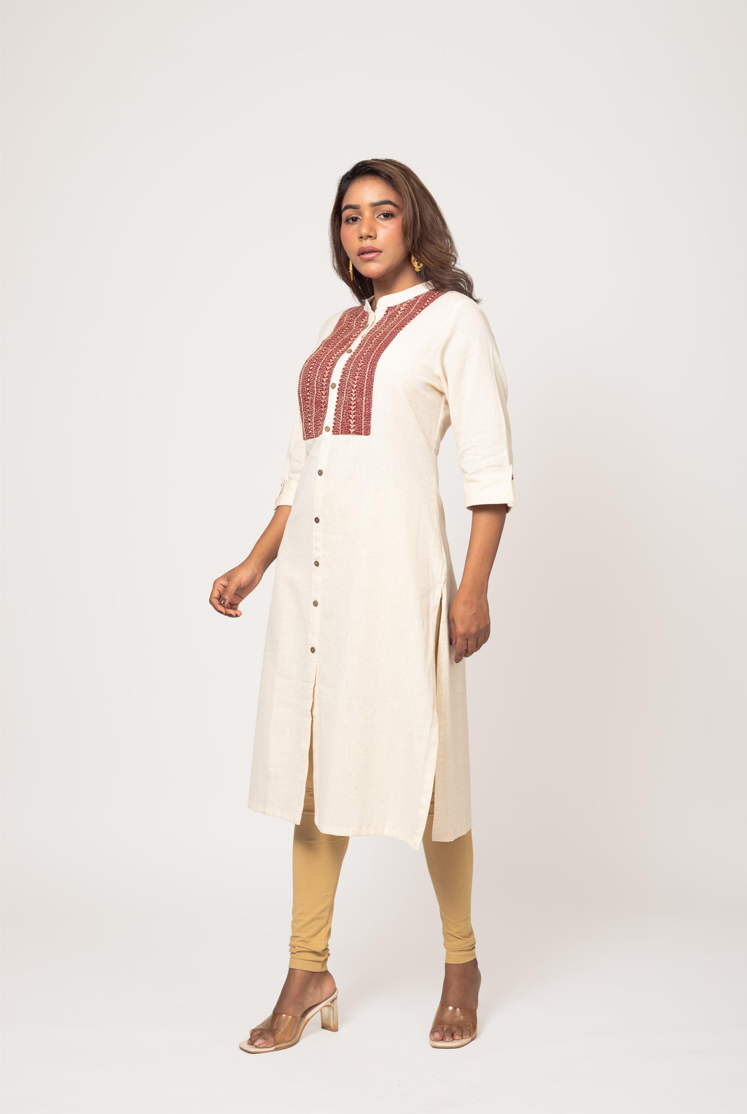 Red Cotton Hand Embroidered Slim Fit Kurti