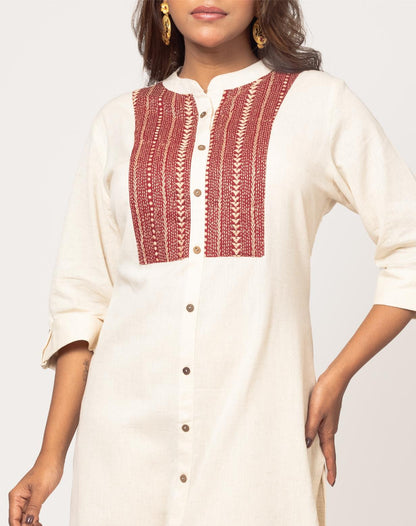 Red Cotton Hand Embroidered Slim Fit Kurti