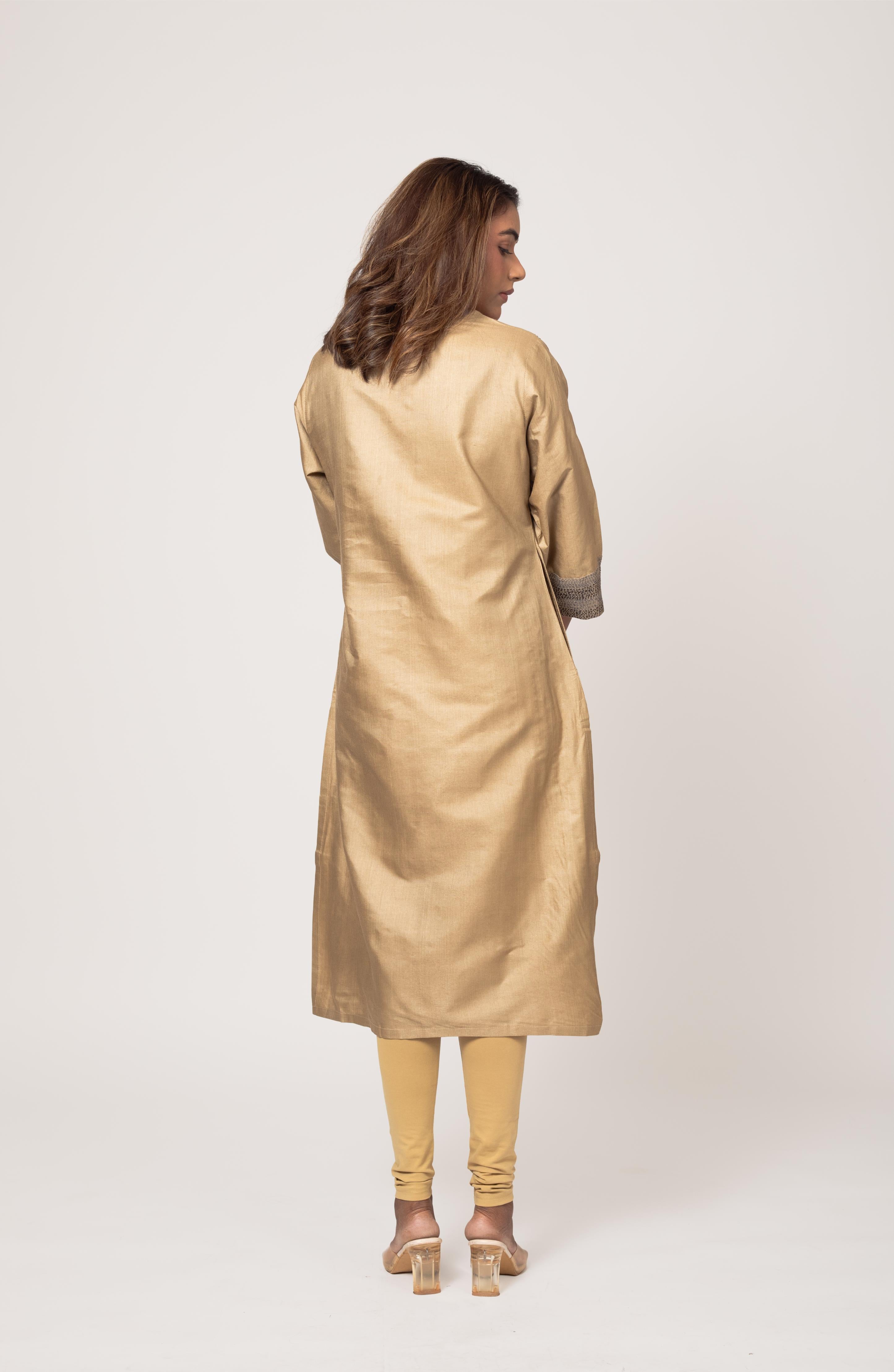 Beige Silk Hand Embroidered Slim Fit Kurti