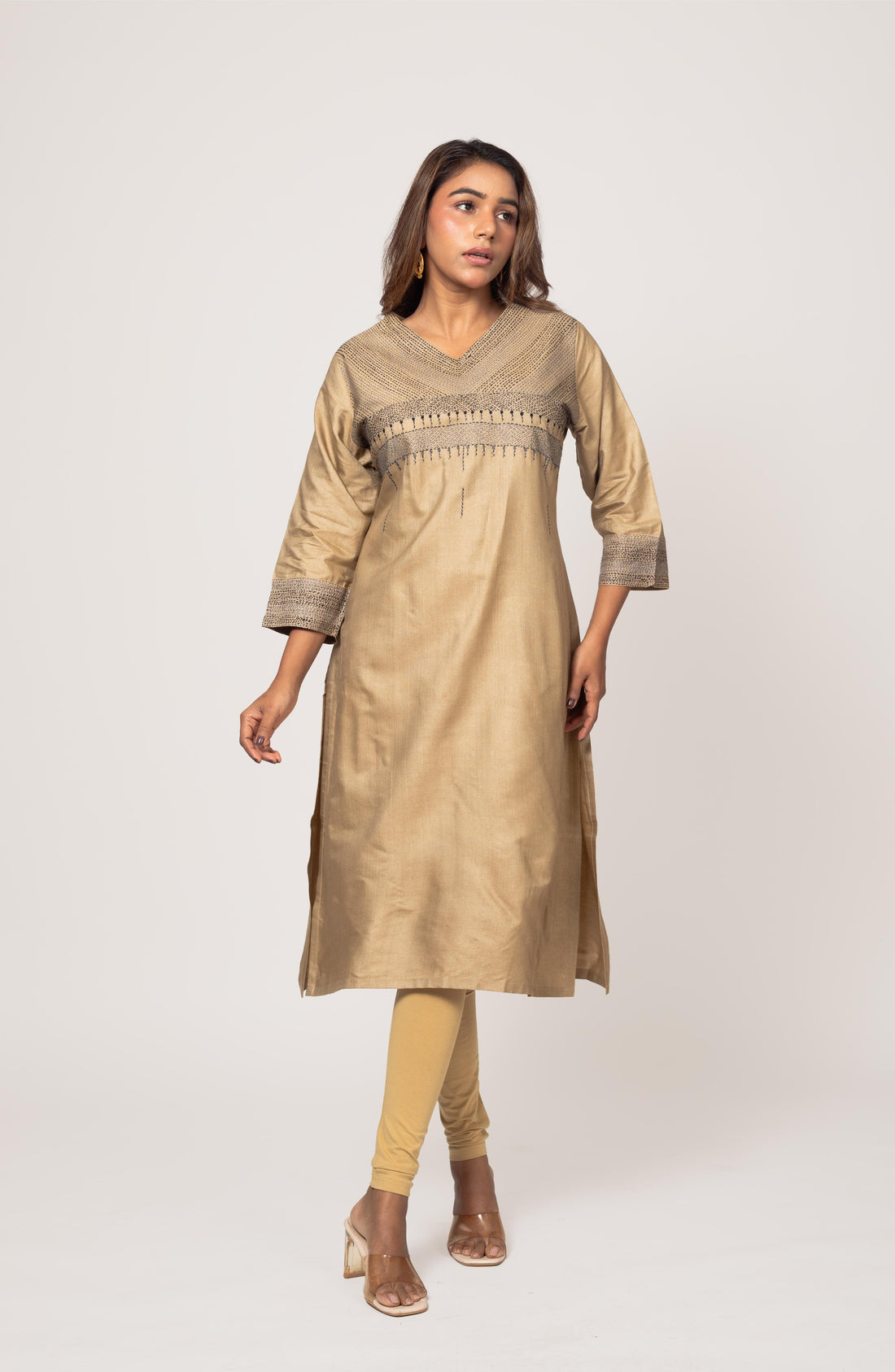 Beige Silk Hand Embroidered Slim Fit Kurti