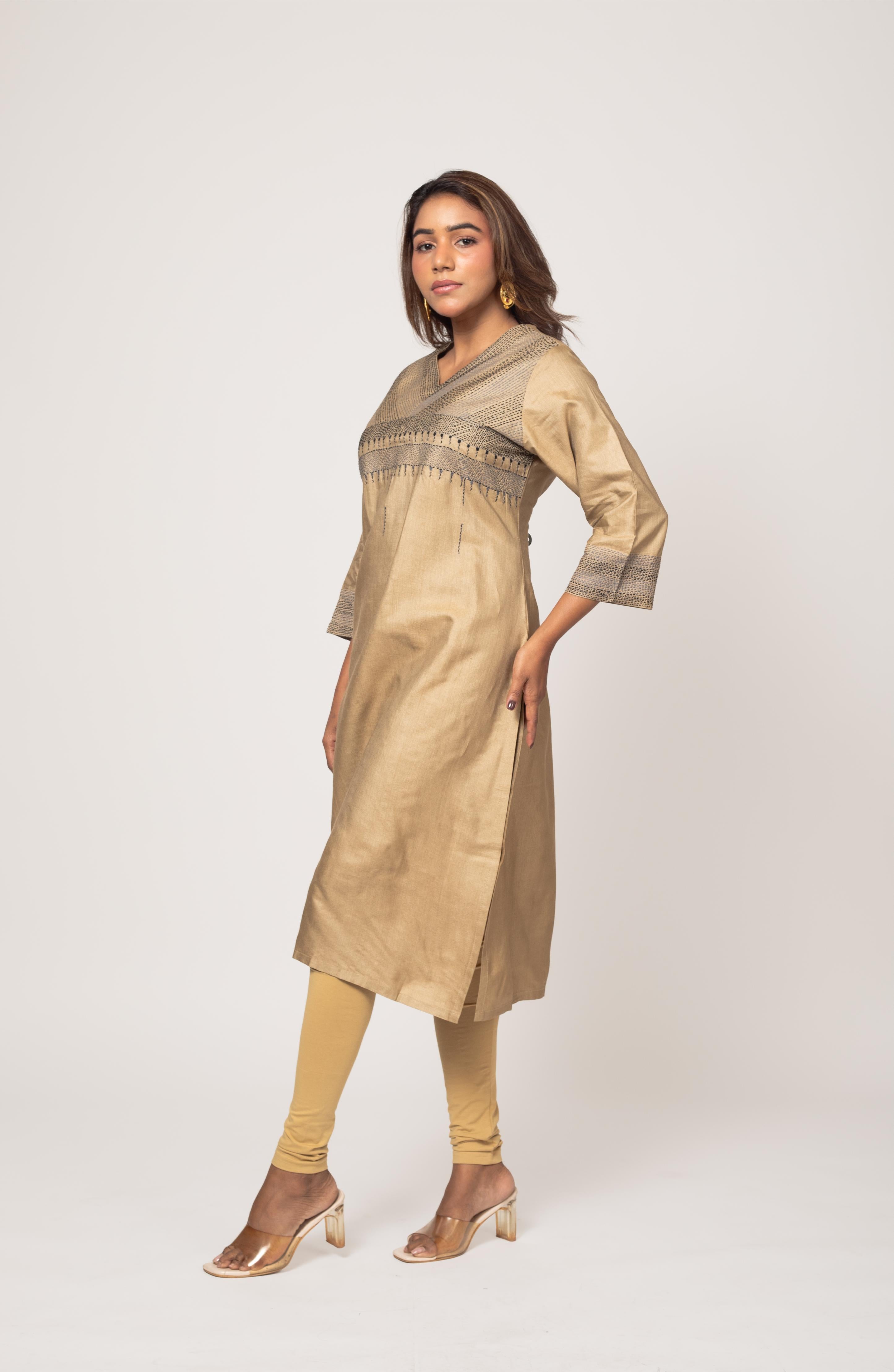 Beige Silk Hand Embroidered Slim Fit Kurti