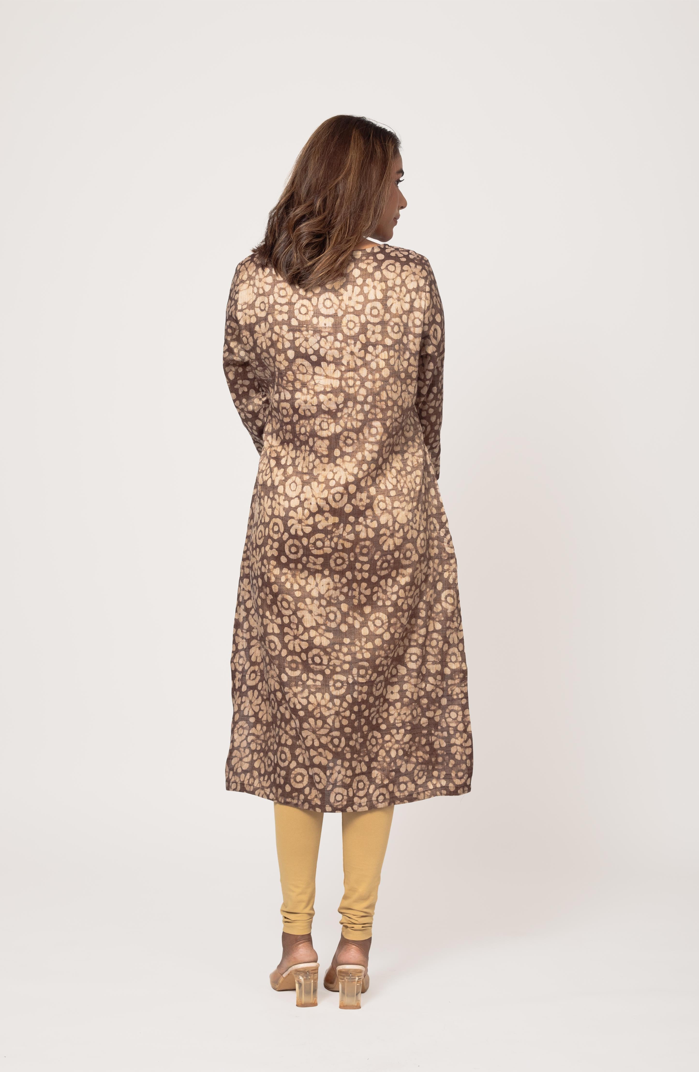 Brown Block Cotton Hand Embroidered Slim Fit Kurti