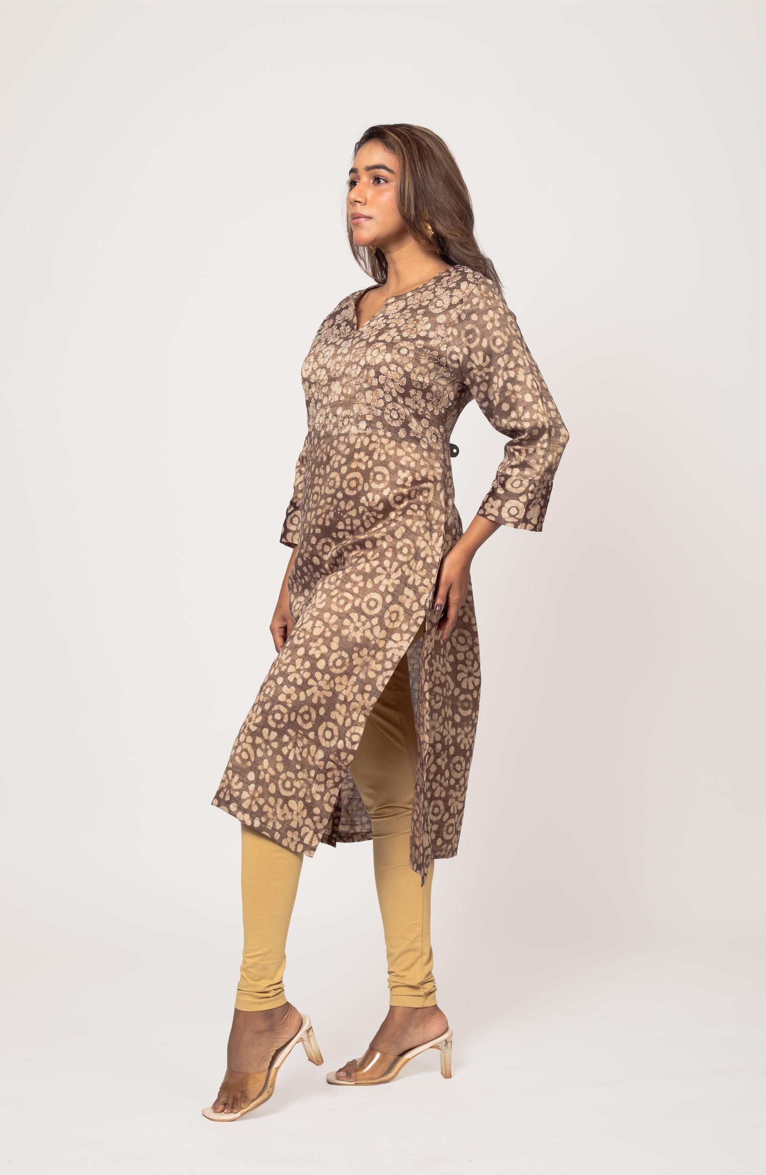 Brown Block Cotton Hand Embroidered Slim Fit Kurti