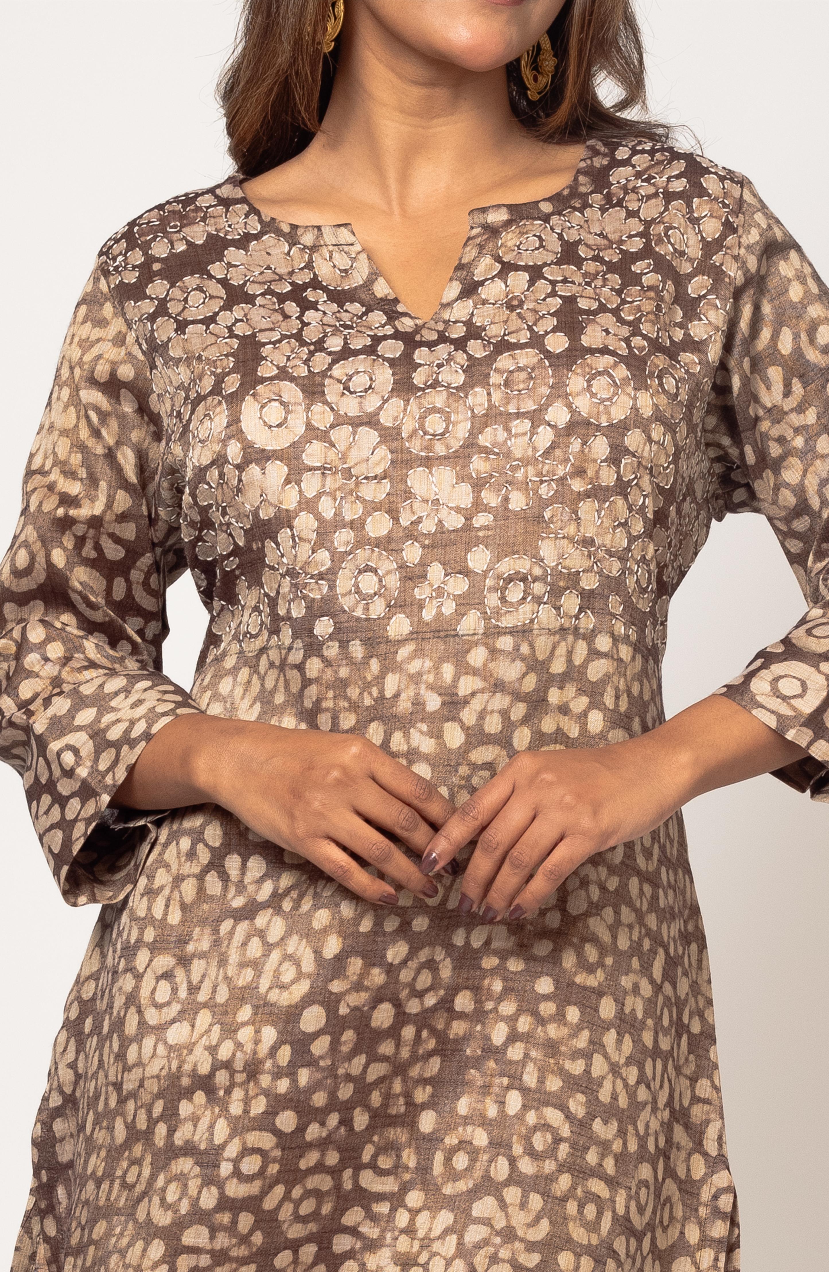 Brown Block Cotton Hand Embroidered Slim Fit Kurti