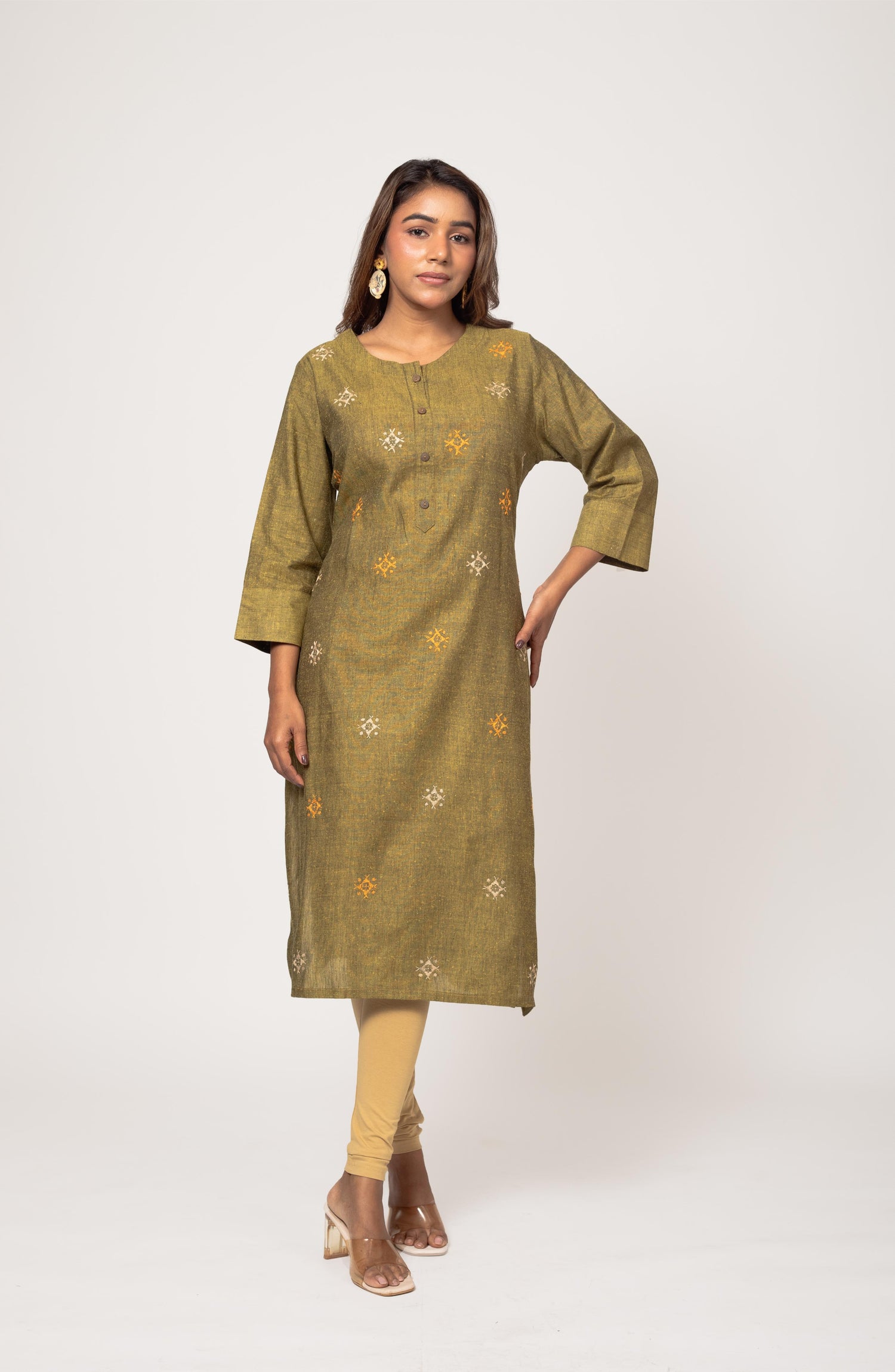 Sage Green Cotton Hand Embroidered Slim Fit Kurti