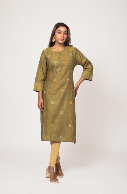 Sage Green Cotton Hand Embroidered Slim Fit Kurti