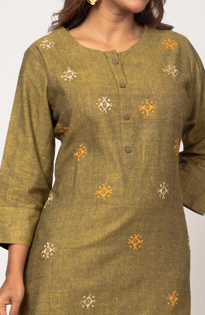 Sage Green Cotton Hand Embroidered Slim Fit Kurti