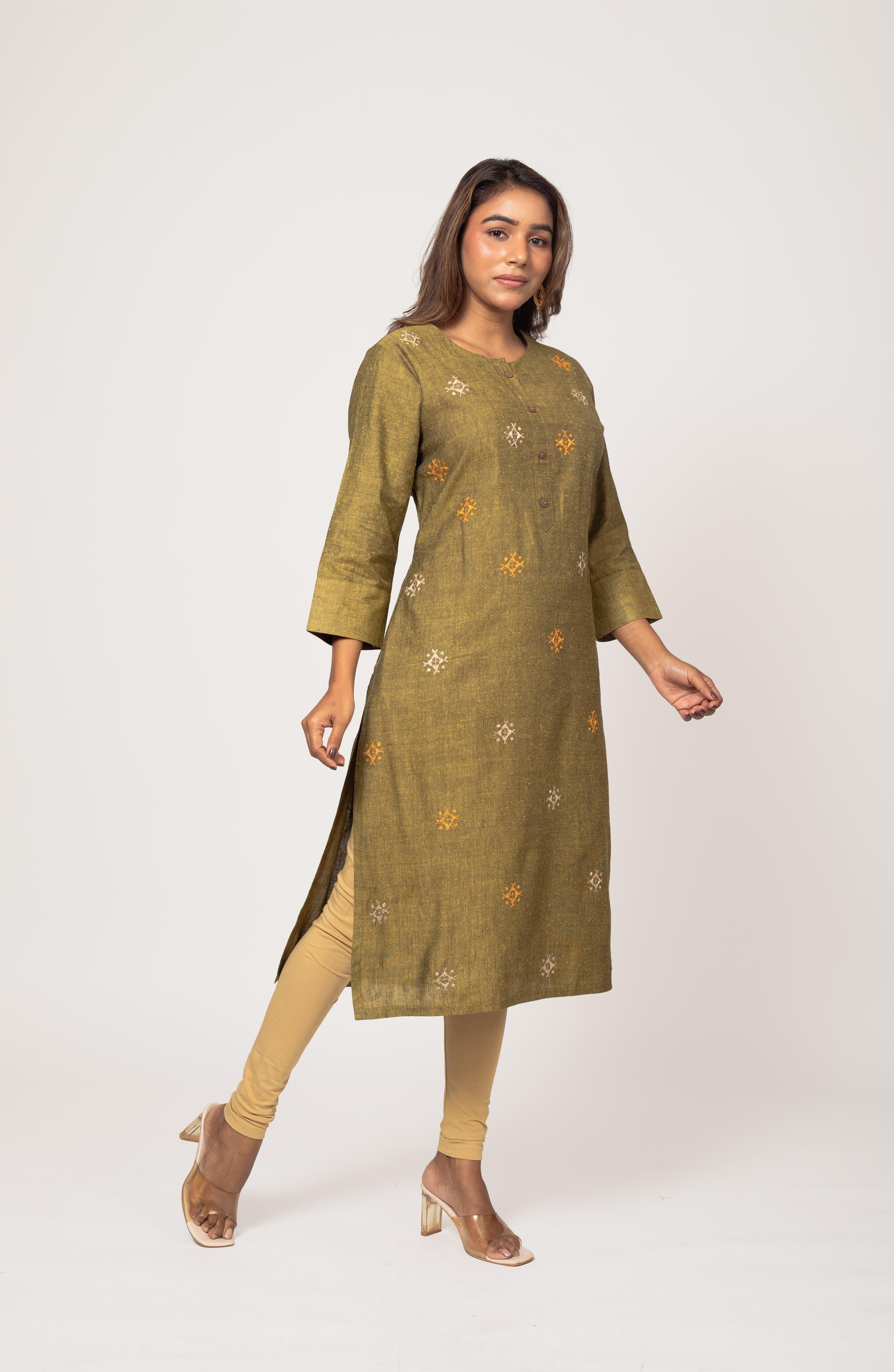 Sage Green Cotton Hand Embroidered Slim Fit Kurti