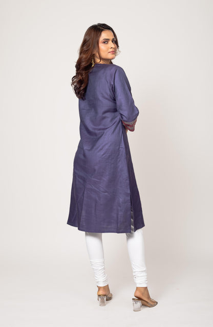 Purple Silk Hand Embroidered Slim Fit Kurti