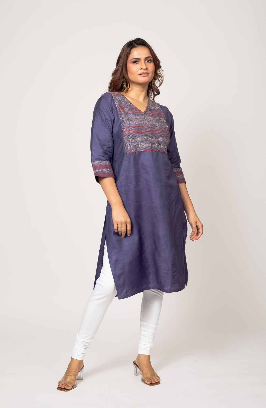 Purple Silk Hand Embroidered Slim Fit Kurti