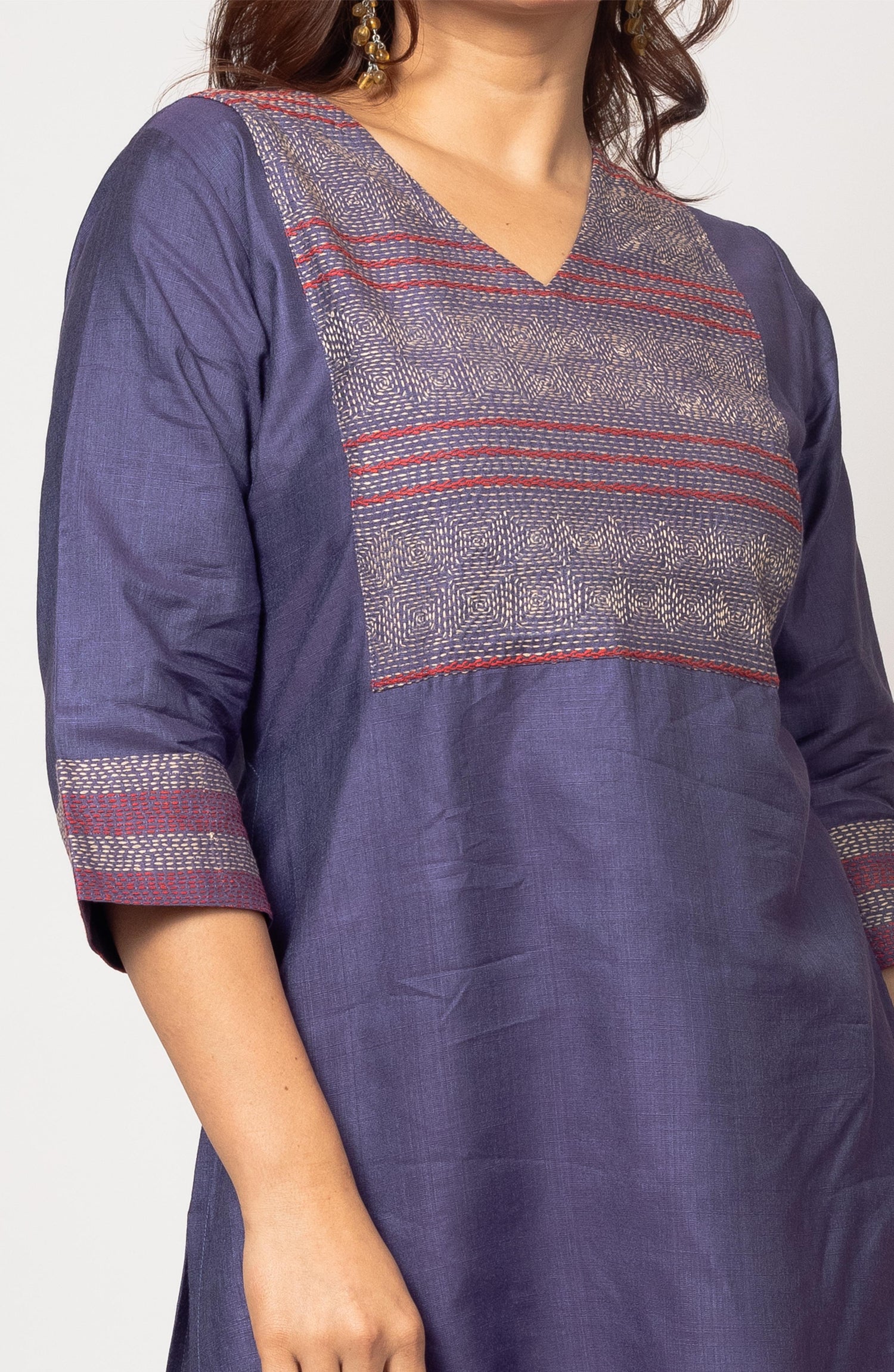 Purple Silk Hand Embroidered Slim Fit Kurti