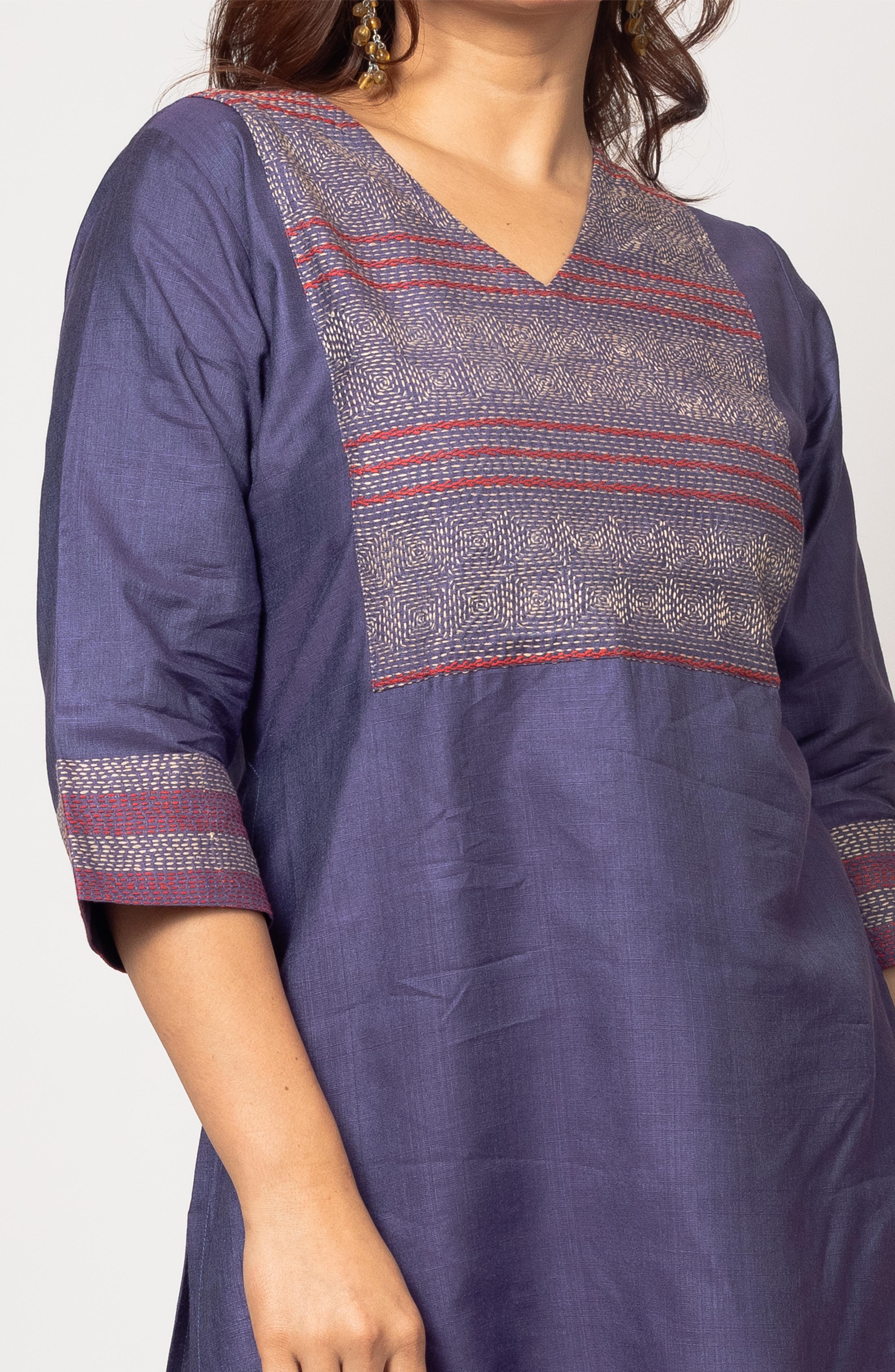 Purple Silk Hand Embroidered Slim Fit Kurti