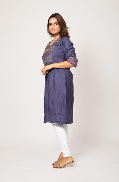 Purple Silk Hand Embroidered Slim Fit Kurti
