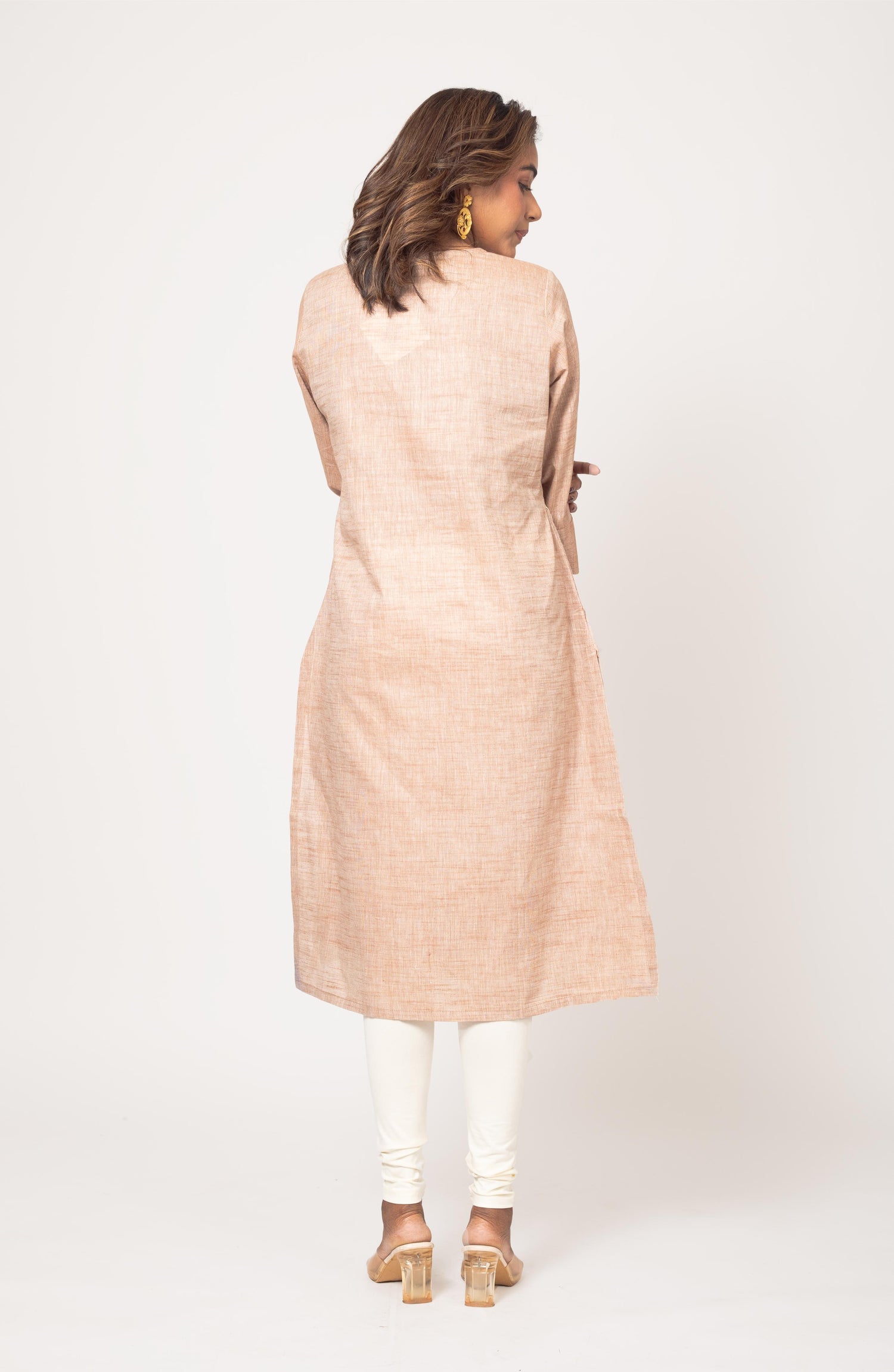 Cream Cotton Hand Embroidered Slim Fit Kurti