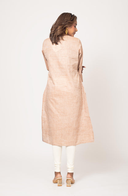 Cream Cotton Hand Embroidered Slim Fit Kurti